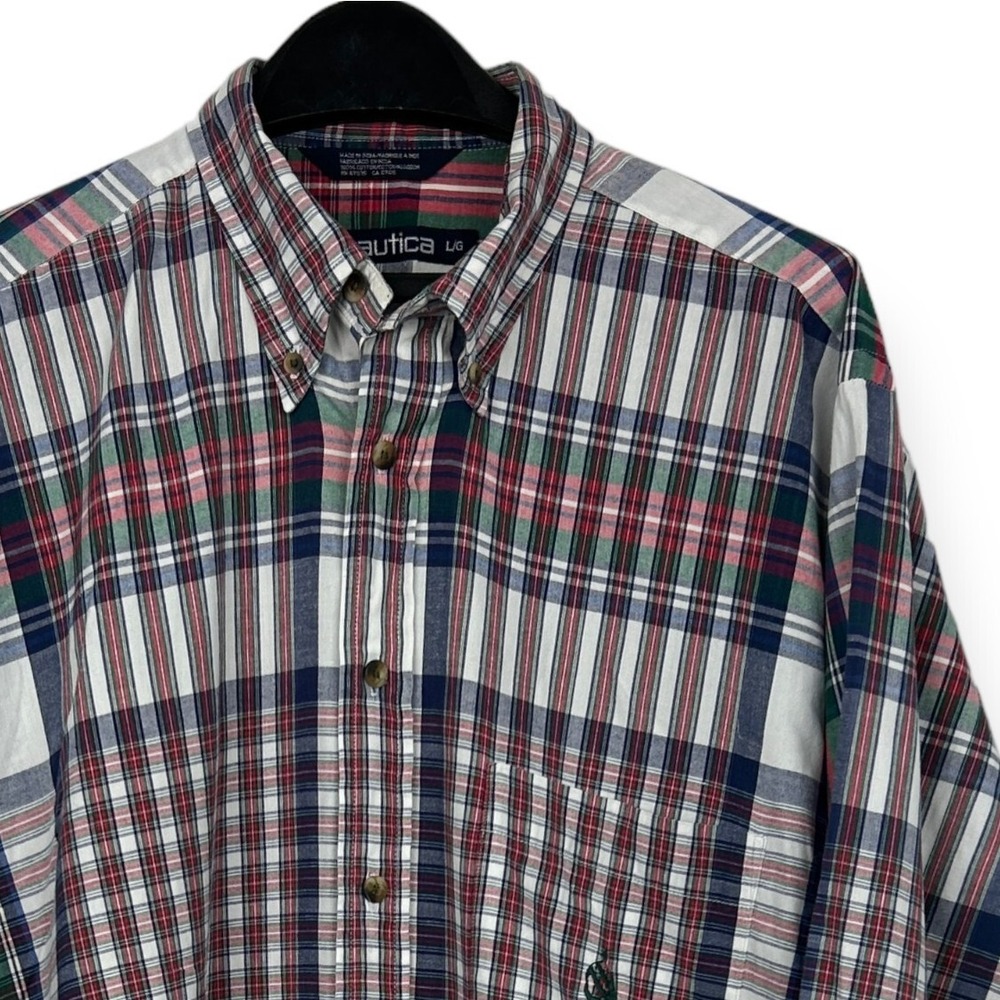 Vintage‎ Nautica Men's Large Colorblock Plaid Lightweight Button Down Red Blue
